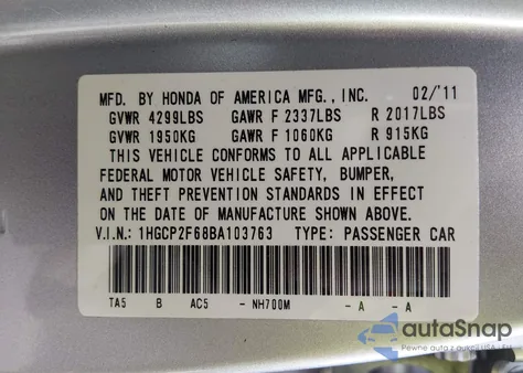 2011 Honda Accord 2.4 Se from USA, damaged, VIN 1HGCP2F68BA103763